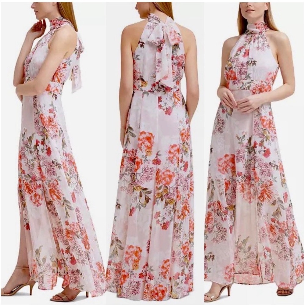 Eliza J Dress Womens Size 2 Pink Floral Halter Maxi Bow Back Chiffon Gown